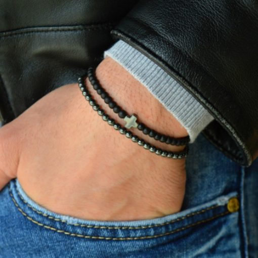 Men’s Black Hematite Cross Set Bracelet, MS-022