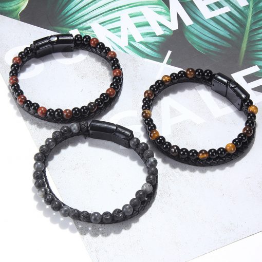 Men’s Fashion Mixed Color Natural Stone Bracelet Real Leather Hand-Knitted Bracelet New Listing MS-024