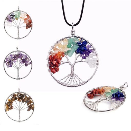 Hot Sale Natural Stone Crystal Life Tree Necklace 7 Colorful Fortune Tree Pendant Chakra Necklace HYue-038