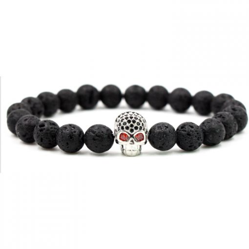 Hot Sale Micro Inlaid Zirconium Skull Boutique Bracelet 8mm Black Lava Volcanic Stone Bead Bracelet Wholesale MS-020