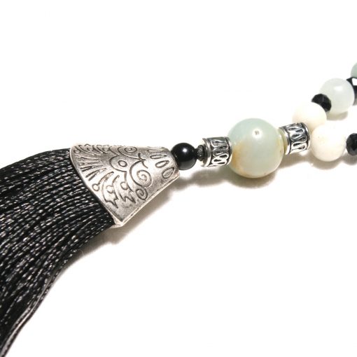 European and American popular 6mm natural Amazon stone black crystal long tassel necklace + bracelet set XH-222