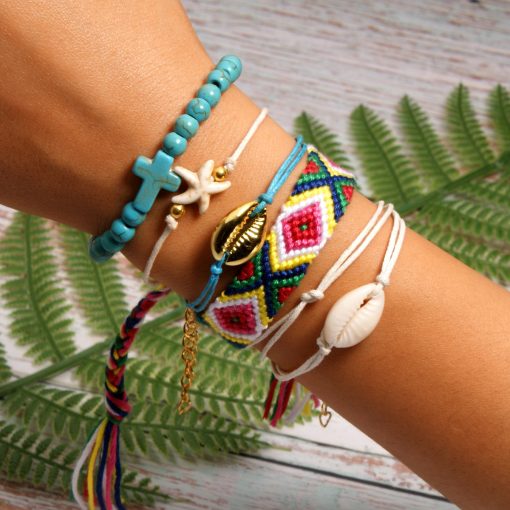 Best-selling shell starfish cross boho style cotton braided friendship bracelet combination mixed batch XH-258