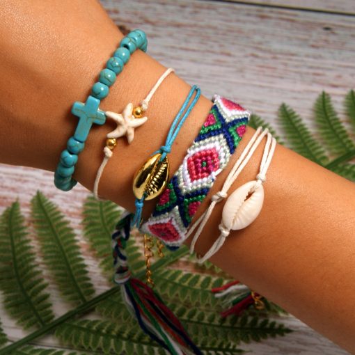 Best-selling shell starfish cross boho style cotton braided friendship bracelet combination mixed batch XH-258