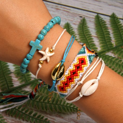 Best-selling shell starfish cross boho style cotton braided friendship bracelet combination mixed batch XH-258