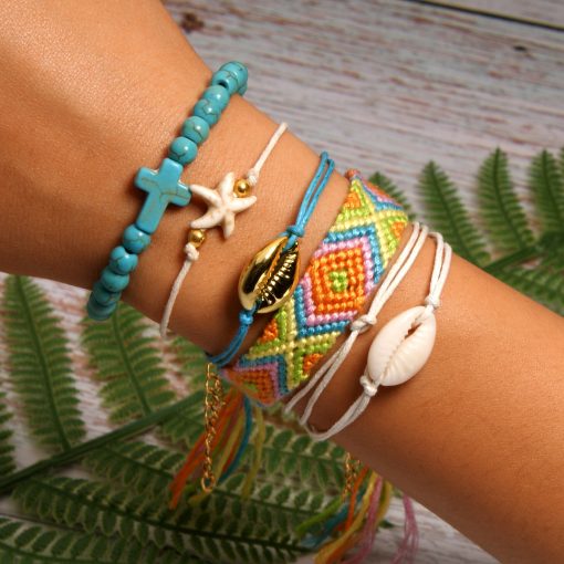 Best-selling shell starfish cross boho style cotton braided friendship bracelet combination mixed batch XH-258