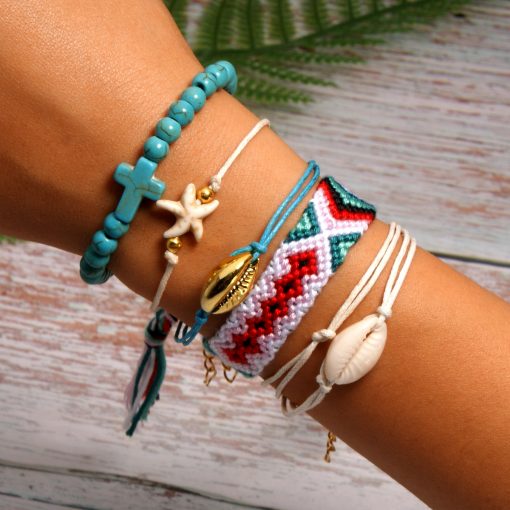 Best-selling shell starfish cross boho style cotton braided friendship bracelet combination mixed batch XH-258