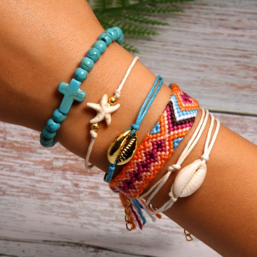 Best-selling shell starfish cross boho style cotton braided friendship bracelet combination mixed batch XH-258