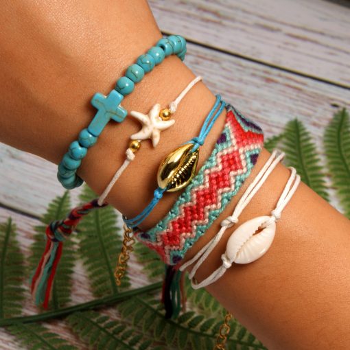 Best-selling shell starfish cross boho style cotton braided friendship bracelet combination mixed batch XH-258