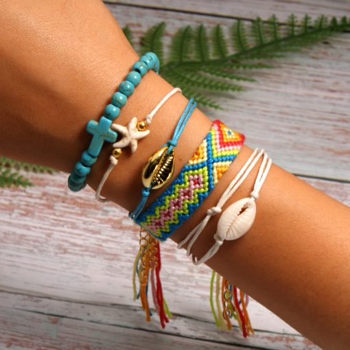 Best-selling shell starfish cross boho style cotton braided friendship bracelet combination mixed batch XH-258