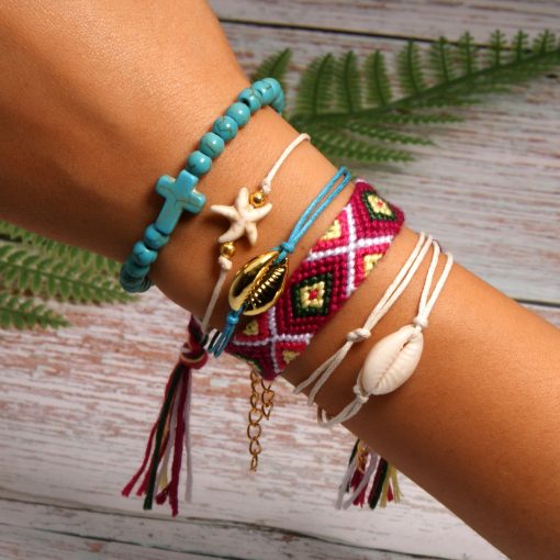 Best-selling shell starfish cross boho style cotton braided friendship bracelet combination mixed batch XH-258