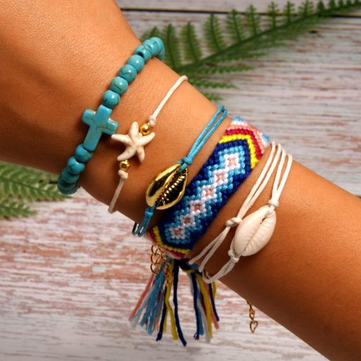 Best-selling shell starfish cross boho style cotton braided friendship bracelet combination mixed batch XH-258