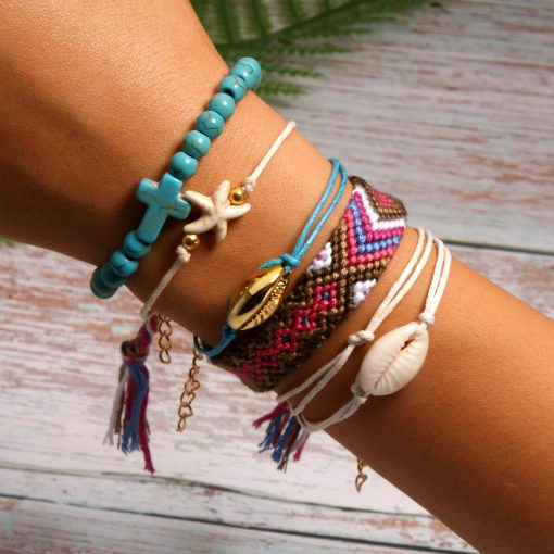 Best-selling shell starfish cross boho style cotton braided friendship bracelet combination mixed batch XH-258