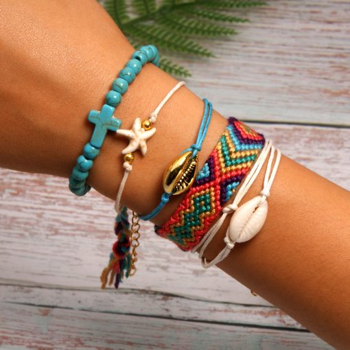 Best-selling shell starfish cross boho style cotton braided friendship bracelet combination mixed batch XH-258