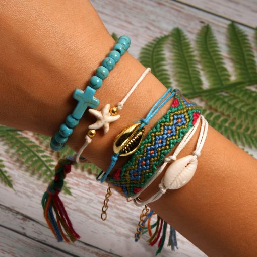 Best-selling shell starfish cross boho style cotton braided friendship bracelet combination mixed batch XH-258