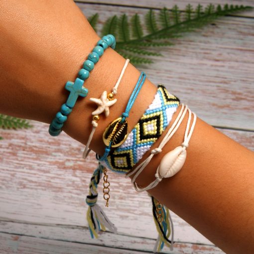 Best-selling shell starfish cross boho style cotton braided friendship bracelet combination mixed batch XH-258