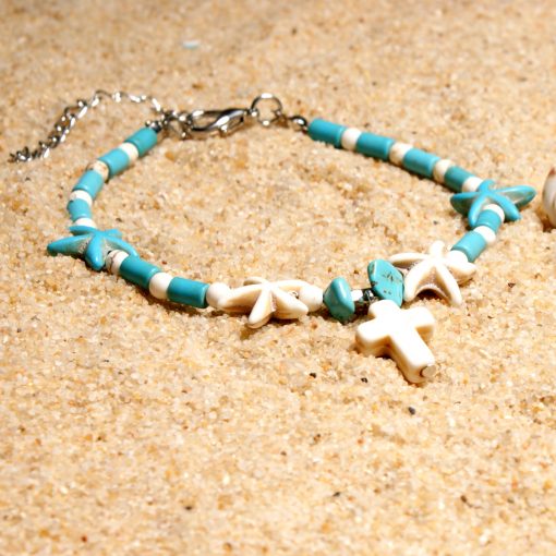 Best-selling woman’s fashion starfish turquoise cross pendant retro anklet bracelet XH-237