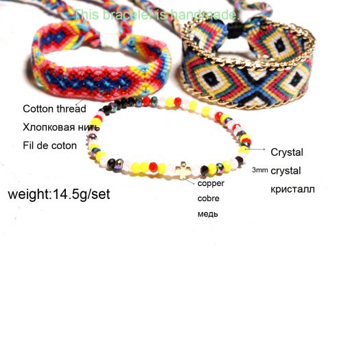 Crystal Cross Braided Bracelet Europe and America Selling Bohemian Hand-knitted Rainbow Bracelet Friendship Bracelet Set XH-251
