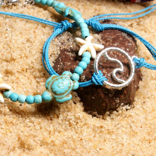 Best-selling summer beach ladies retro turtle sea wave starfish widened anklet bracelet set XH-243