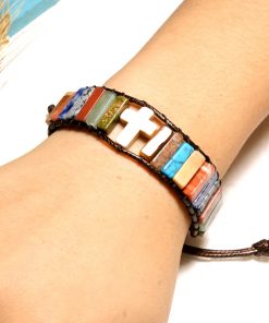 European and American popular colorful natural stone beaded cross bracelet creative woven leather bracelet XH-248