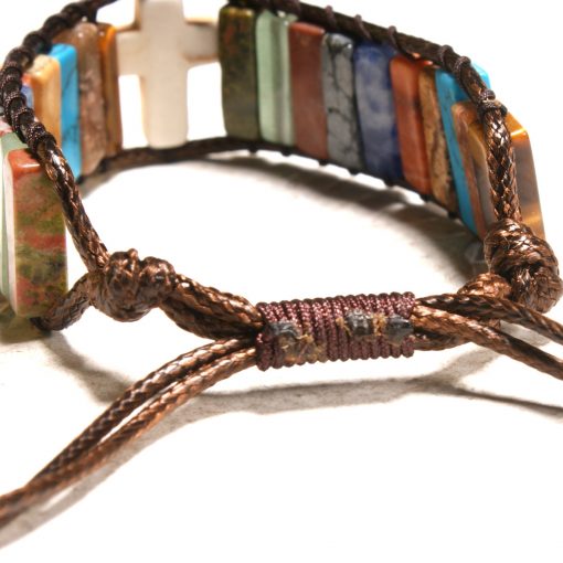 European and American popular colorful natural stone beaded cross bracelet creative woven leather bracelet XH-248