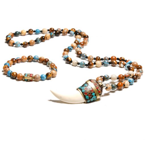 European and American popular bohemian ethnic style natural stone crystal long necklace + bracelet set XH-218