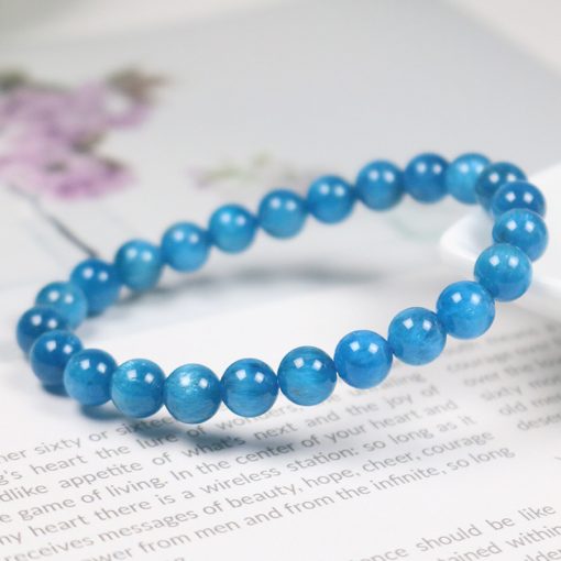Natural Blue Phosphorus 6-12mm Single Circle Round Bead Women’s Simple Elastic Bracelet