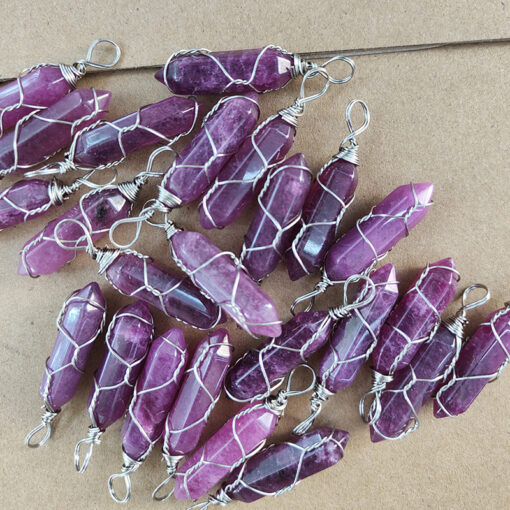 Wholesale handmade wire wound natural stone crystal double pointed hexagonal column necklace pendant YQJF-015