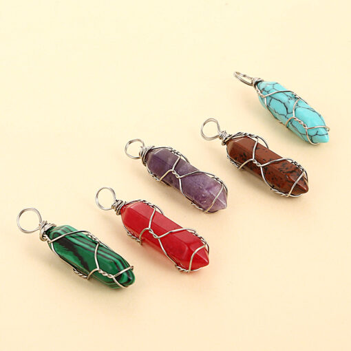 Wholesale handmade wire wound natural stone crystal double pointed hexagonal column necklace pendant YQJF-015