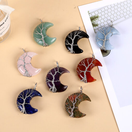 Hot selling natural stone moon shaped necklace life tree fortune tree pendant accessories YQJF-006